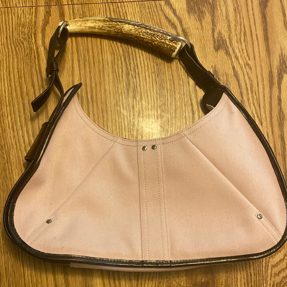 Pink vintage Yves Saint Laurent (YSL) handbag. Bone handle.